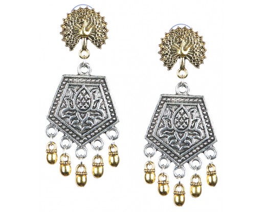 PEACOCK - DUAL TONE - Silver & Golden Oxidized Earrings Jhumka Jhumki Bali Imitation Indian Bollywood Ethnic Wedding Jewelry H50